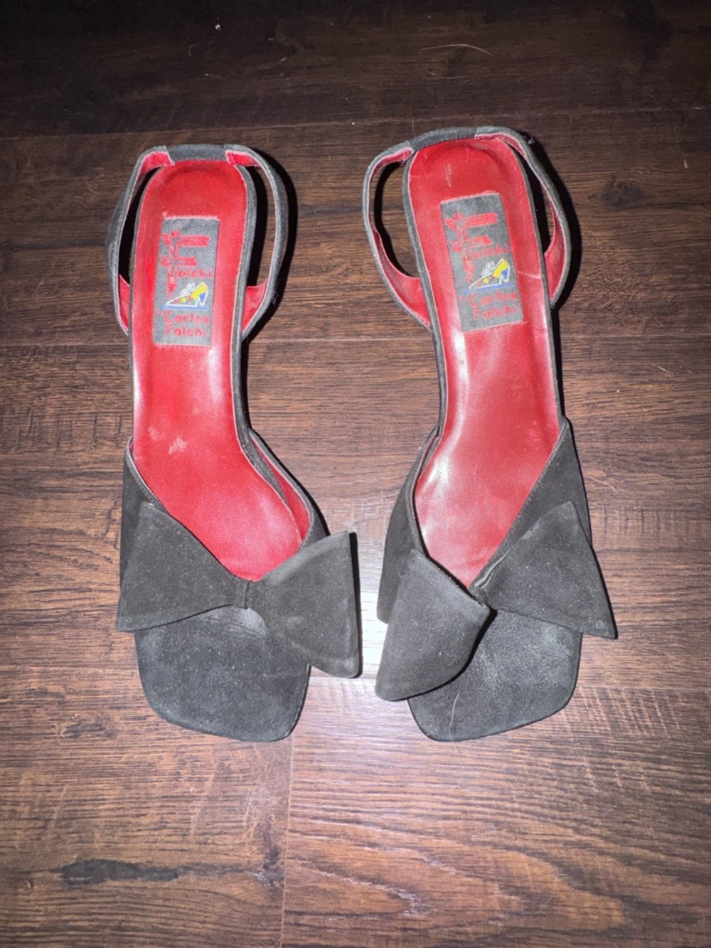 Carlos Falchi Black Suede Bow Slingback Heels with Red Insole